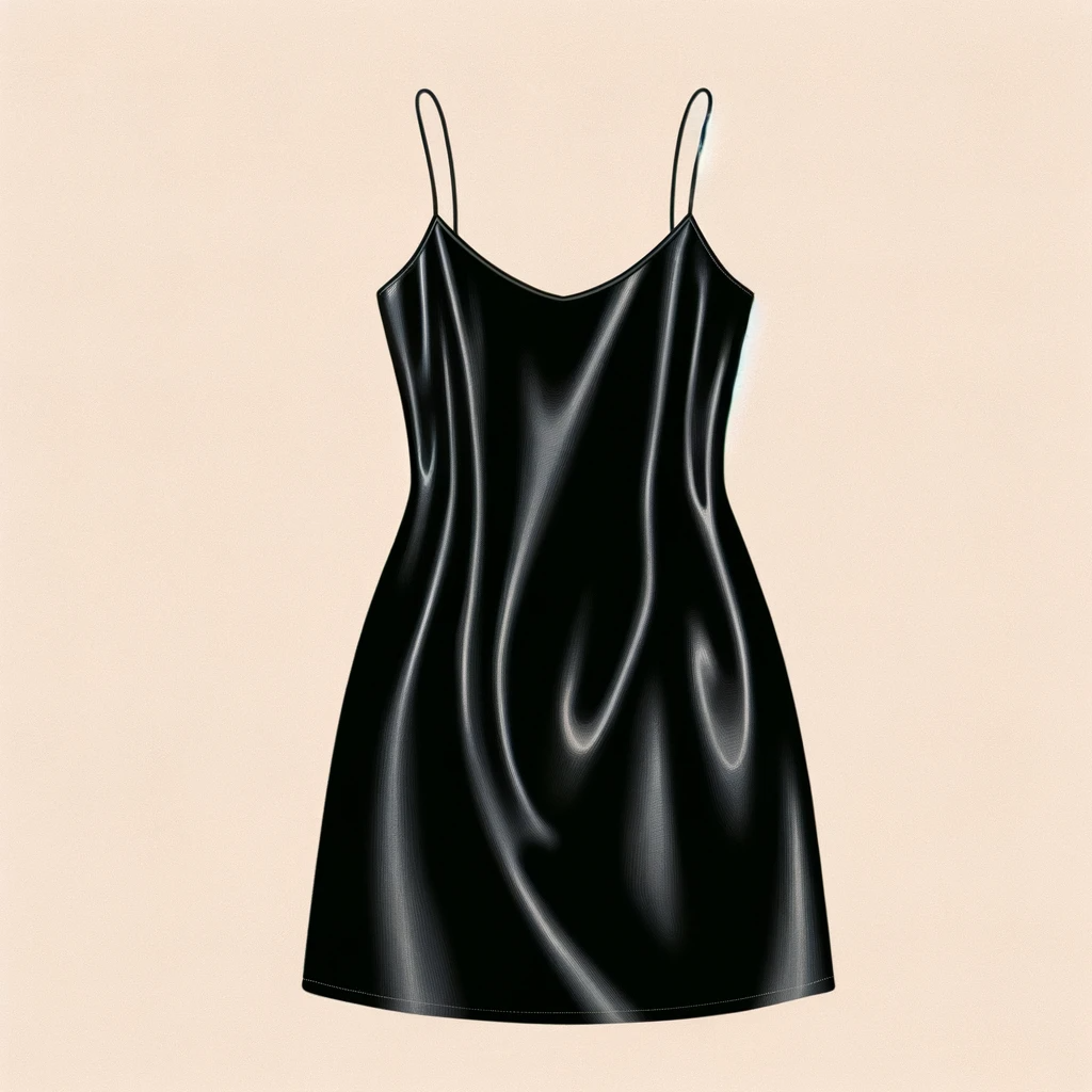 DALL·E 2023-12-28 15.07.32 - A modern black slip dress featuring a satin or silk-like material with spaghetti straps, embodying a chic, minimalist 90s look