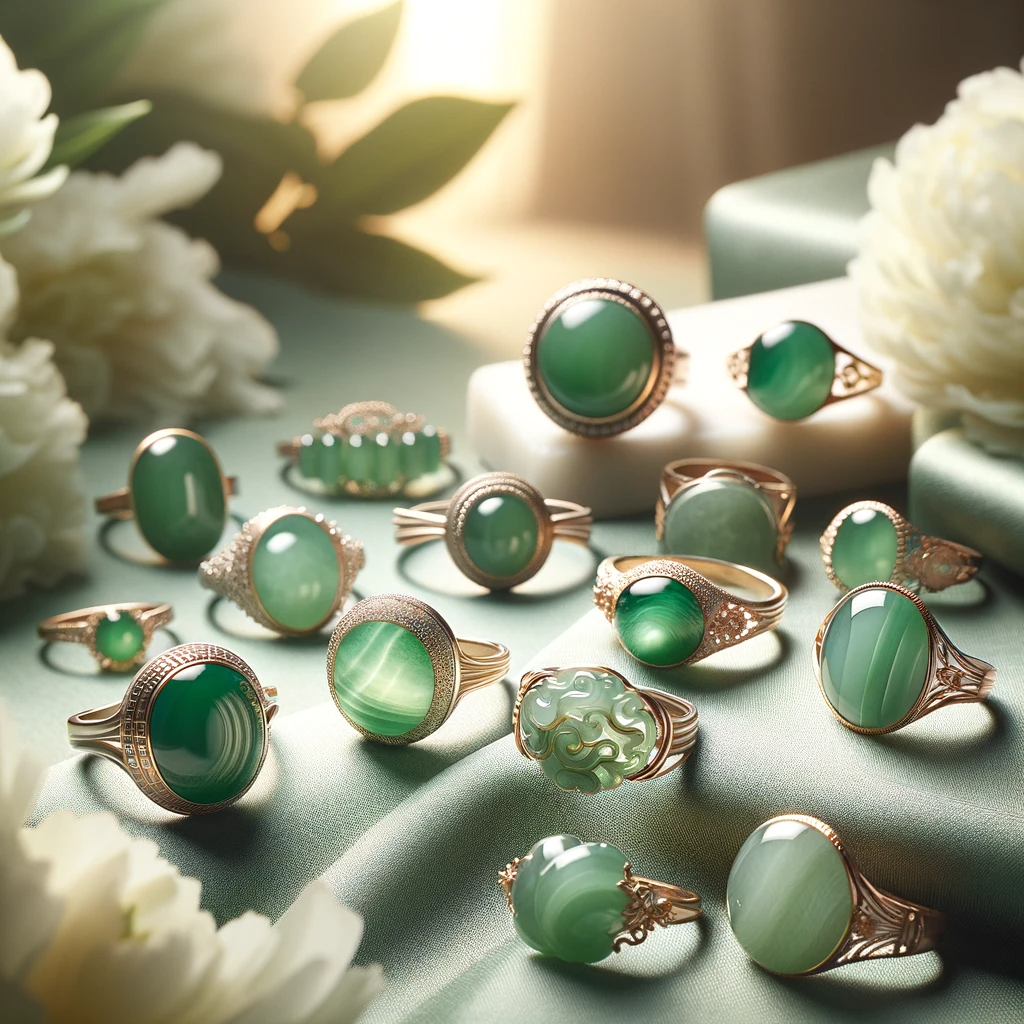 DALL·E 2023-12-23 22.38.48 - A collection of elegant jade rings for women, showcasing various designs and shades of green. The rings are beautifully arranged against a luxurious,
