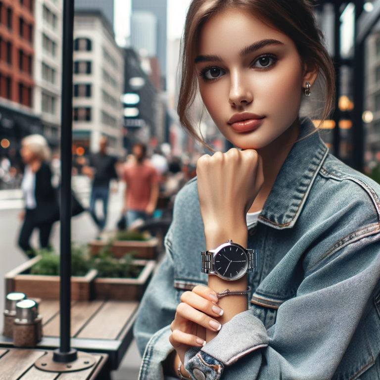 DALL·E 2024-01-04 22.34.51 - A chic young woman in a trendy urban setting, wearing a Marc Jacobs watch. The watch is a standout accessory, complementing her contemporary and fashi